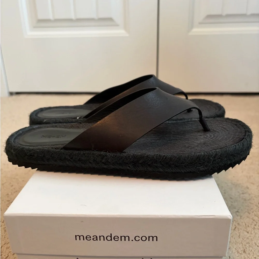 ME+EM Black Leather Espadrille Toe-Post Sandals